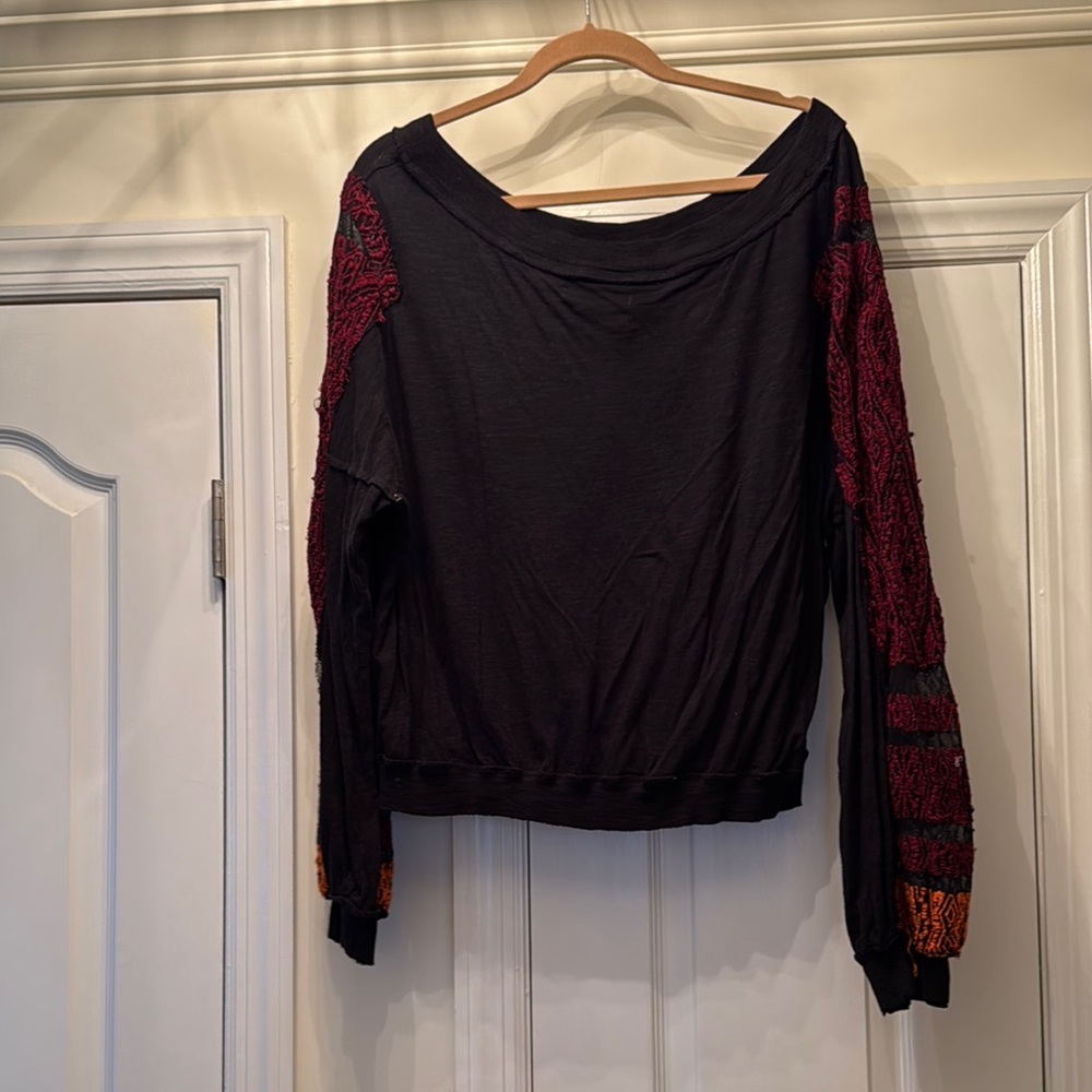 Free People Black and Red Off-the-Shoulder Sweater with Lace Sleeves - Picture 5 of 5